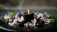 Spa wellness arrangement with burning candle, healing crystals, flowers and aromatic smoke creating peaceful meditation atmosphere for relaxation.
