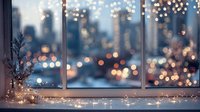 Cozy window sill with fairy lights overlooking blurred city skyline at dusk, creating warm ambiance for winter holidays.