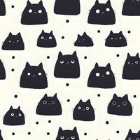 Cute black cat faces seamless pattern on white background. Simple kawaii style illustration perfect for fabric prints, wrapping paper, and children's designs. Minimalist repeating pattern with dots.