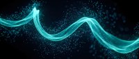 Glowing turquoise energy wave with sparkling particles flowing through dark space. Digital light stream with luminous trail for technology backgrounds.