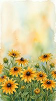 Watercolor yellow daisy flowers with green stems and buds on soft pastel background for spring garden design and botanical art projects.
