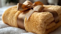 Soft beige cotton towel roll tied with elegant satin ribbon bow in warm natural lighting, creating cozy spa atmosphere for wellness and relaxation concept.