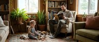Caucasian father reading book while young son plays with toys on living room floor surrounded by houseplants and bookshelves in cozy home interior.