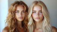 Two young blonde women with wavy hair and blue eyes posing together in natural lighting for beauty and lifestyle photography concepts.