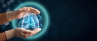 Hands protecting glowing digital brain with neural networks and data connections on dark technology background for AI and machine learning concepts.