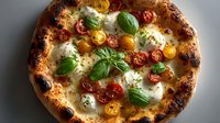 Artisan Neapolitan pizza with fresh mozzarella, cherry tomatoes and basil leaves on crispy wood-fired crust for Italian restaurant menu design.