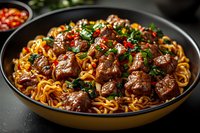 Asian style noodles with glazed pork meatballs, garnished with fresh herbs and chili peppers in dark bowl, close up view on rustic background.
