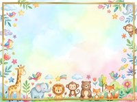 Watercolor safari animals border frame with giraffe, elephant, lion, monkey, bear and fox on pastel rainbow background for kids design.