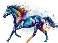 Colorful watercolor horse galloping with flowing mane and tail in vibrant rainbow hues on white background isolated for creative design projects.