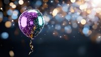 Shiny purple balloon with gold ribbon floating against dark bokeh background with glowing light effects and sparkles creates festive party atmosphere.