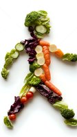 Fresh vegetables arranged in shape of running human figure on white background, featuring carrots, broccoli, lettuce, cucumber slices, and cherry tomatoes.