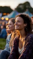 Young woman with curly hair smiling at sunset during outdoor festival, wearing casual cardigan. Warm golden light illuminates joyful expression as crowd enjoys summer event.