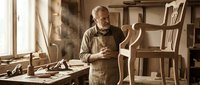Senior craftsman woodworker in apron carefully shaping wooden chair in traditional workshop with hand tools and natural lighting for furniture making.