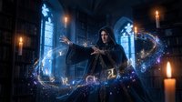 Young wizard woman with long dark hair casting magical spell with glowing blue energy streams in gothic library with candles and ancient books for fantasy gaming.