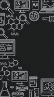 Scientific research laboratory equipment and chemical formulas outline icons on black background with copy space for text and design projects.