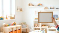 Young child with light skin tone holding wooden frame in bright, organized playroom with natural toys, rainbow decorations, and storage shelves for educational play and learning environment setup.