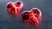 Glowing red heart shapes with lightning-like cracks emitting bright light, floating on dark misty surface, creating romantic yet dramatic atmosphere.