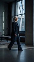 Confident mature businesswoman walking through modern office space with natural light streaming through large windows creating dramatic shadows.