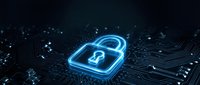 Glowing blue padlock icon on dark circuit board background representing cybersecurity, data protection and digital security technology concepts.