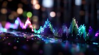 Colorful financial market graph showing dynamic stock trading data visualization with glowing peaks and valleys against dark background with bokeh light effects.