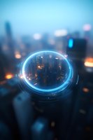 Futuristic glowing blue portal frame floating above blurred cityscape at dusk, with neon lights and skyscrapers creating atmospheric urban background.