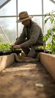 Senior male gardener in straw hat tending seedlings in greenhouse, planting young plants in wooden raised beds surrounded by lush green foliage and natural light.