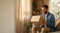 Smiling bearded man in casual denim shirt reading documents at home in bright living room with plants and warm natural lighting for remote work.