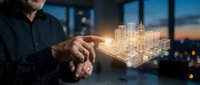 Professional businessman holding glowing holographic city model in modern office at dusk showcasing urban planning and smart city technology concepts.