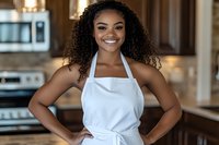 Young African American woman wearing white apron smiling confidently in modern kitchen setting, showcasing natural curly hair and professional culinary appearance.