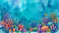 Vibrant watercolor coral reef scene with colorful fish and sea plants on turquoise ocean background, perfect for cards and wall art.