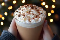 Creamy latte topped with whipped cream and cocoa powder, held in hands wearing gray sweater sleeves against blurred festive bokeh lights background.