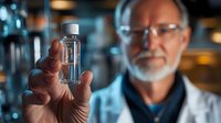 Senior male scientist in lab coat and glasses examining clear liquid sample in glass vial against blurred laboratory background with scientific equipment.