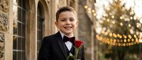 Young boy in formal black tuxedo with red bow tie holding single red rose, smiling at camera with warm bokeh lights and elegant architecture background.