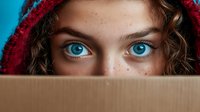 Close up portrait of young Caucasian woman with bright blue eyes and freckles wearing red hood, mysterious partial face view behind cardboard box. Perfect for lifestyle blogs.