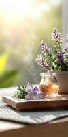 Aromatic herbal tea with amethyst crystals and lavender flowers on wooden tray. Steam rising from glass teacup creates peaceful spa atmosphere in soft natural light.