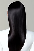 Long straight black glossy hair on Asian woman wearing white top, photographed from behind showing smooth, healthy hair texture and shine. Perfect for beauty advertising.