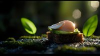 Fresh poached egg on rustic bread slice with green herbs, captured in magical morning light with natural bokeh and moss, creating gourmet breakfast atmosphere.