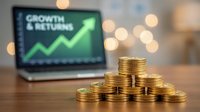 Growth and returns displayed on laptop screen with stacked gold coins on wooden desk, symbolizing financial success, investment growth, and wealth accumulation for business analytics.