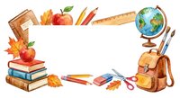 Watercolor school supplies frame with books, globe, backpack, pencils, apples and autumn leaves on white background for educational designs.