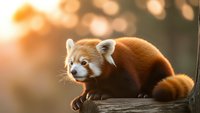 Adorable red panda sitting on wooden log with warm golden sunlight and bokeh background creating peaceful wildlife scene for nature photography.
