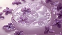 Purple lilac flowers floating on creamy moisturizer surface in round jar, macro photography with soft focus and bokeh effect for cosmetic and spa marketing.