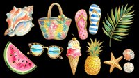 Colorful summer collection featuring seashell, woven beach bag, flip-flops, sunglasses, watermelon slice, ice cream cone, pineapple, starfish and shells isolated on transparent background. Ready for t-shirt designs, clipart, stickers and print-on-demand products.