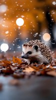 Adorable hedgehog in autumn leaves with falling snow and warm bokeh lights creating magical winter wildlife scene for seasonal greeting cards.