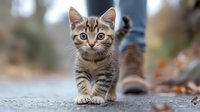Young tabby kitten with distinctive stripes walking on concrete path during autumn, focused expression and alert ears, shallow depth of field creates soft background.