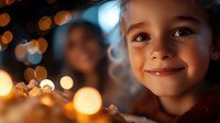 Young child smiling with warm bokeh lights creating magical holiday atmosphere, close up portrait with soft focus background and gentle natural lighting.