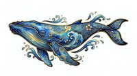 Decorative whale with ornate swirling patterns and flowing water waves in blue and gold tones, isolated on white background for design projects.