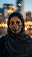 Middle Eastern woman wearing ornate face covering and hijab with golden embroidery against blurred city lights at dusk creating warm bokeh background atmosphere.