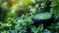 Green bath salt in black jar surrounded by fresh mint leaves and water drops, creating spa wellness atmosphere for natural skincare and aromatherapy treatments.