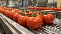 Fresh ripe tomatoes on vine moving along industrial conveyor belt in modern food processing facility, selective focus on foreground produce.