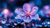 Delicate pink cherry blossom covered in morning dew drops against blurred blue bokeh background creates dreamy spring atmosphere. Macro photography captures water droplets.